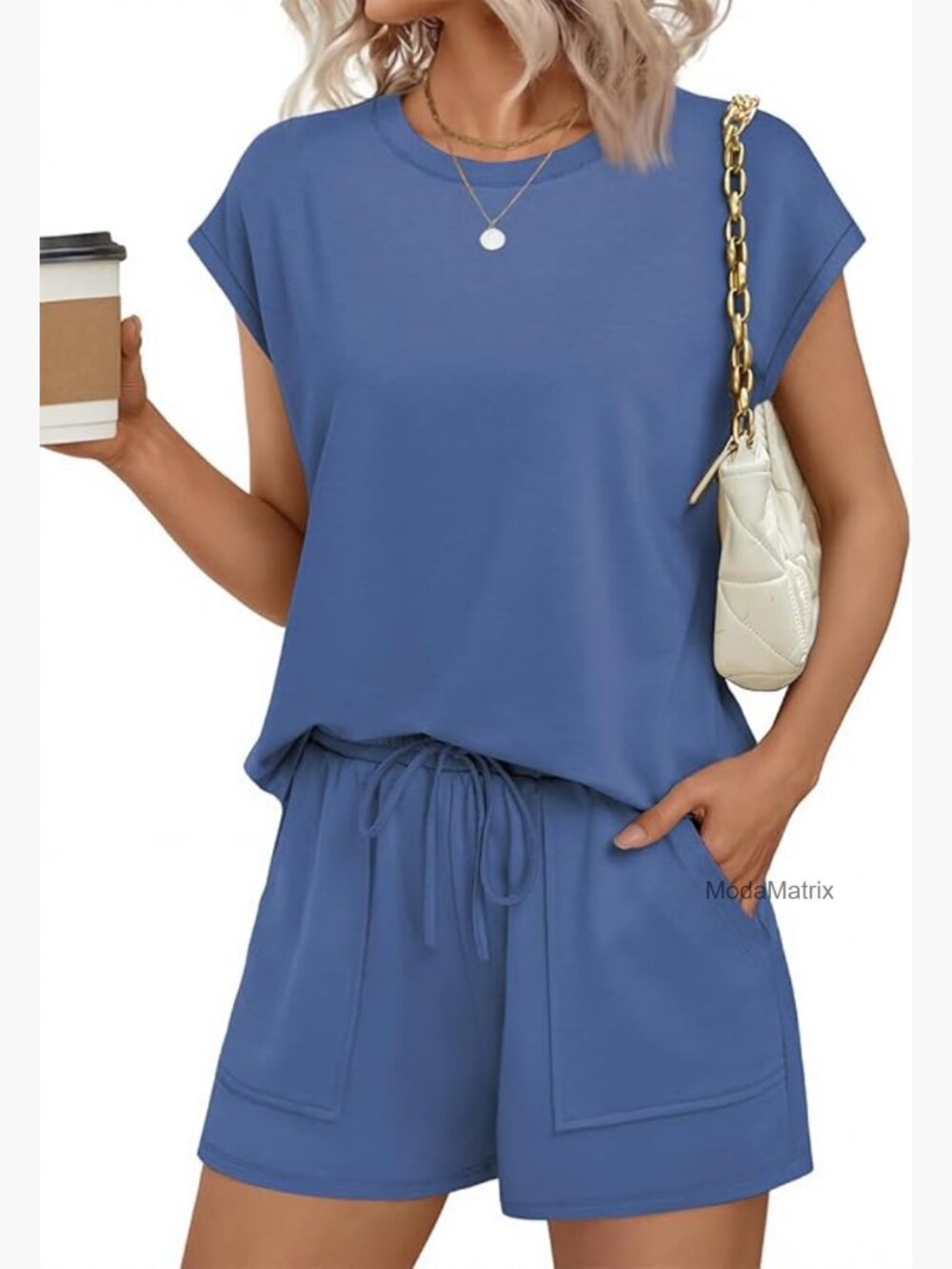 Two Piece Lounge Set with Pockets Cap Sleeve Summer